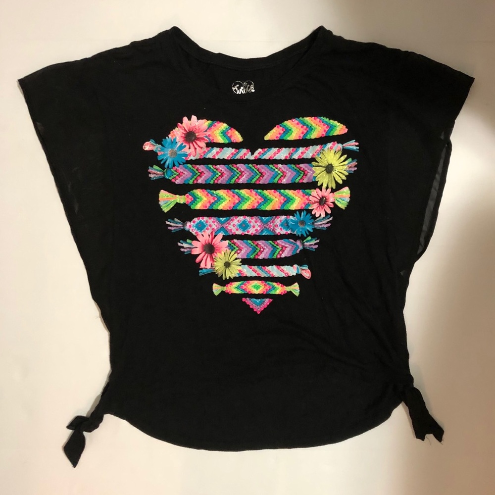 JUSTICE black heart embroidered shirt w/ ties
